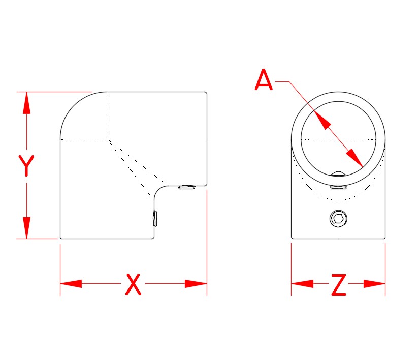 Stainless Steel Rail Elbow, Railing and Bimini, S3665-0900, S3665-0901, Line Drawing
